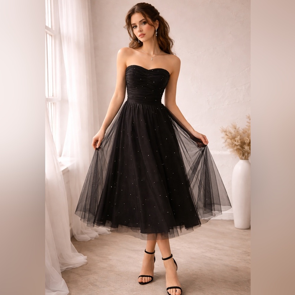 Vintage Scott McClintock Strapless Black Tulle Dress Dark Romantic Goth Prom Y2K